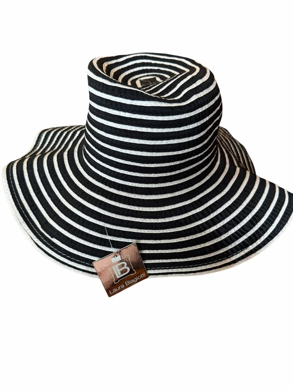 Laura Biagiotti Black and White Striped Wide Brim Sun Hat